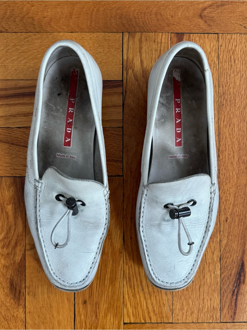Prada White Leather Loafers with Toggle Detail